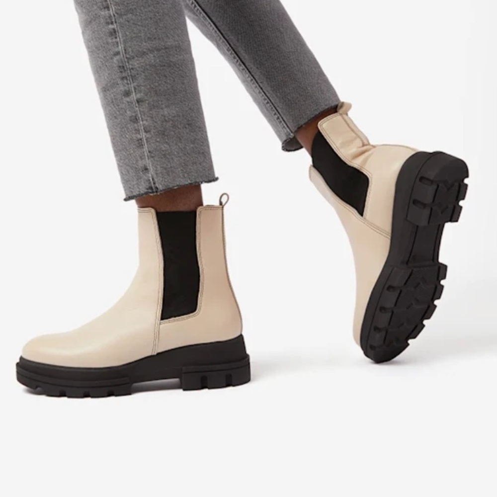 Dune London Leather Chunky Chelsea Boot Cream Ecru Black Platform Ankle Womens 8